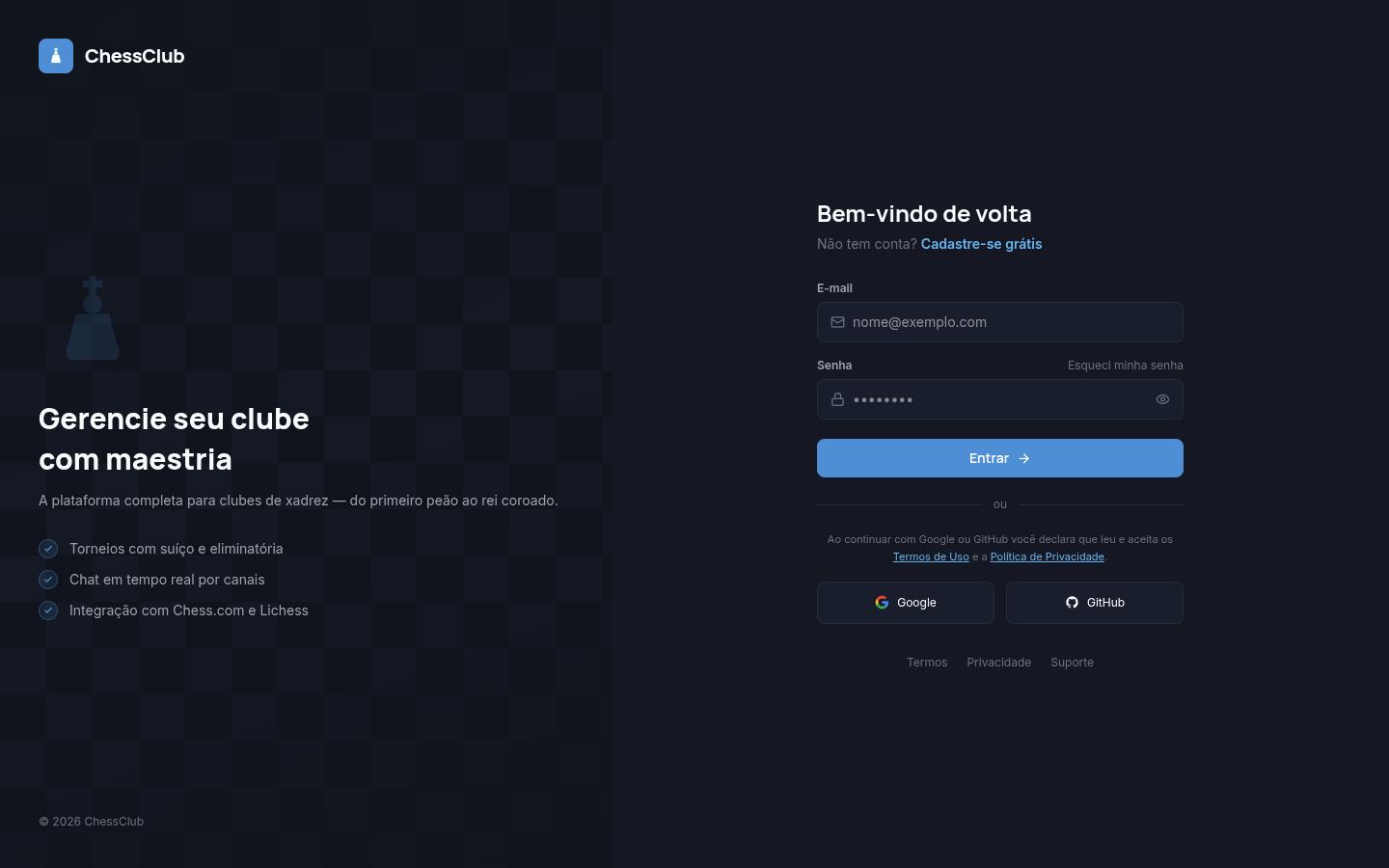Tela de login do ChessClub