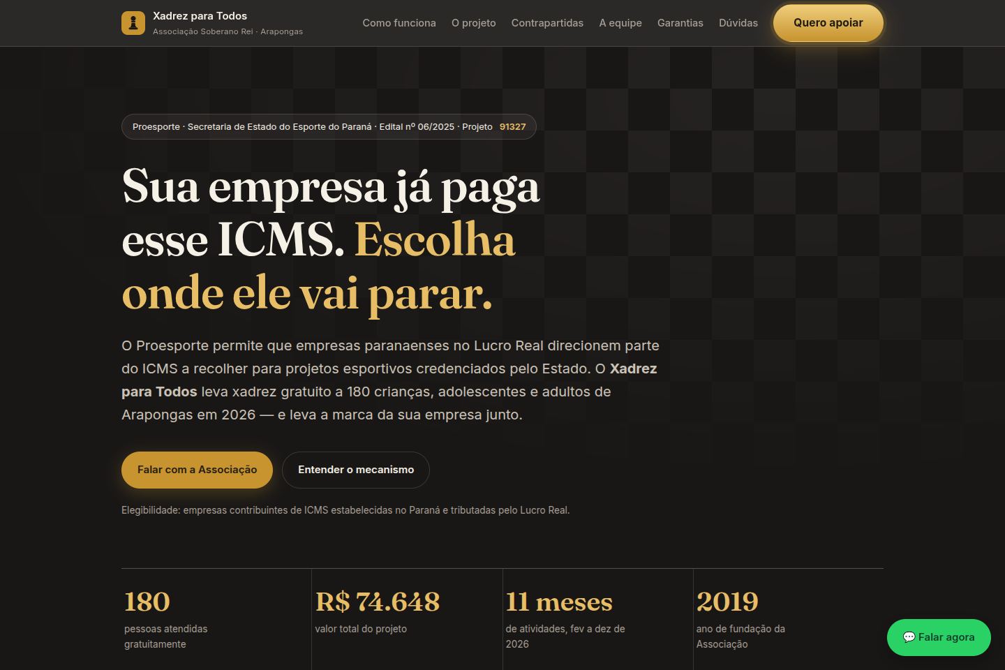 Landing page do projeto Xadrez para Todos